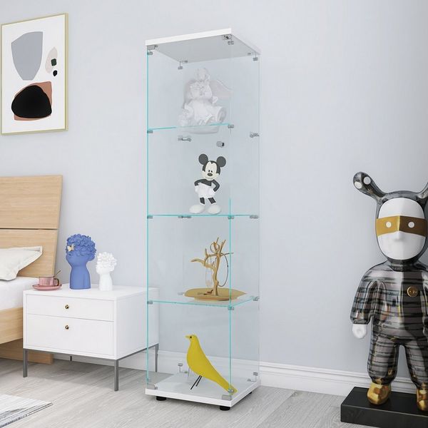 Furnishings Home Vitrine Glasvitrine stehend Standvitrine mit Glastüren, 2 bis 4 Ebenen (42.5 x 36.5 x 164 cm, 4 Fächer, Mit Sicherheitsschloss) perfekt für Sammler, Sammlervitrine