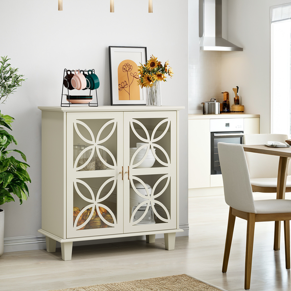 Sideboard mit Glastür im Retro-Design, MDF-Holzwerkstoff, 38x80x87 cm, Creme