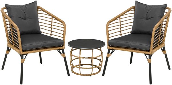 Rattan Gartenmöbel-Set, 3-TLG, Sitzgruppe, inkl, Couchtisch und 2 Stühle, Bistro-Set mit Kissen, Balkonmöbel, Sand+Dunkelgrau