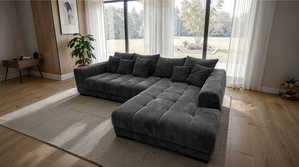 Massivart® Ecksofa Cord 300x215 cm / Nosagfederung / Cordsofa / ARTEMIS, inkl. Kissen-Set · frei im Raum stellbar