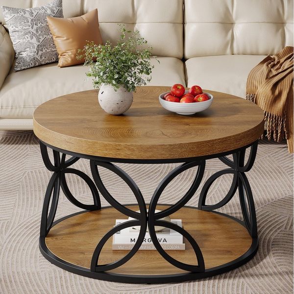 Tribesigns Couchtisch Rund 80 cm mit Stauraum, 2 Ebenen Wohnzimmertisch im Landhausstil (Runder Couchtisch mit Ablage), Sofatisch Holz Metall für Wohnzimmer, Büro
