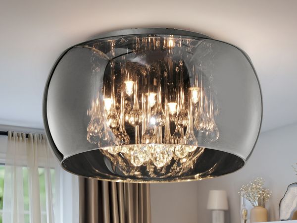 LED Deckenleuchte mit Glas Chrom in Rauchglas Optik & Kristallbehang Ø 40cm
