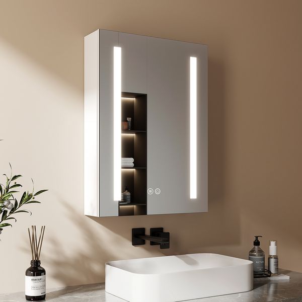EMKE Badspiegel Spiegelschrank Bad mit LED Beleuchtung Beschlagfrei Lichtspigel, mit Ablage,Touchschalter,3 Lichtfarben,Steckdose und USB Anschlüsse 50×70×14.5cm