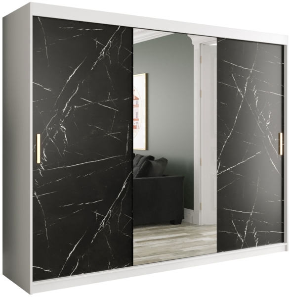 Kleiderschrank Kamoga T1 250 (Weiß / Marmor Schwarz + Gold, mit Schubladen)