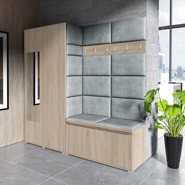 Garderoben-Set CLEO, Moderner Kleiderschrank mit Polsterplatten und Schuhschrank – Ideal für Flur und Eingangsbereich (Sonoma Eiche, Trinity 14), 185 x 40 x 190 cm