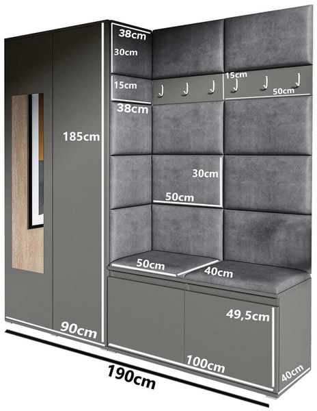 Garderoben-Set CLEO, Moderner Kleiderschrank mit Polsterplatten und Schuhschrank – Ideal für Flur und Eingangsbereich (Sonoma Eiche, Trinity 14), 185 x 40 x 190 cm Bild 4