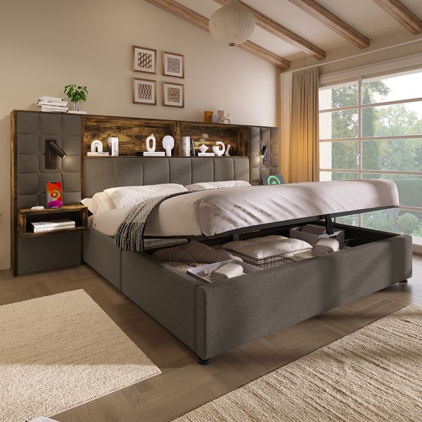 Novelux Polsterbett 160x200 Grau mit Stauraum & 2 integrierten Nachttischen – Leinenstoff Systembett inkl, LED, Leselampen, USB/Typ-C & Lattenrost