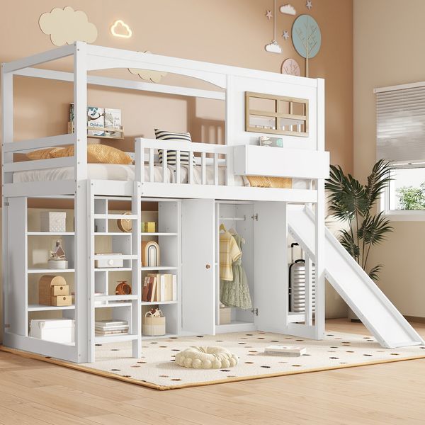 Etagenbett 90×200 cm mit Rausfallschutz, Rutsche und Kleiderschrank, Weiß/Natur, ohne Matratze