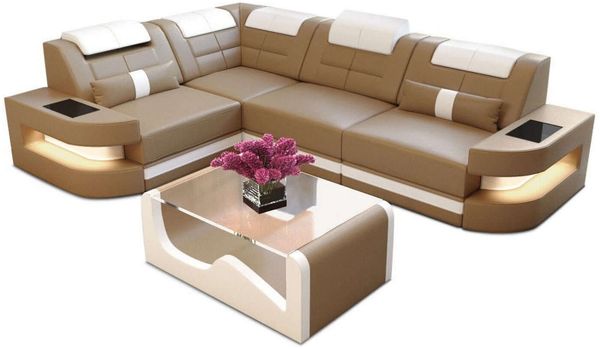 Mini Couch Como L Form in Leder - Echtleder - sandbeige-weiß - Links
