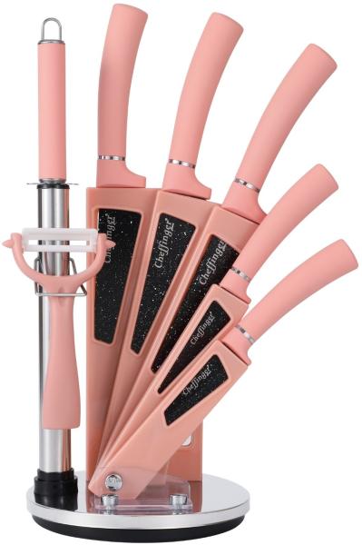 8 tlg Messerset Kochmesser Messerständer drehbar Pink Messer aus Edelstahl