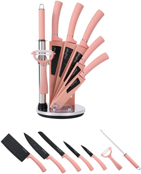 8 tlg Messerset Kochmesser Messerständer drehbar Pink Messer aus Edelstahl Bild 2