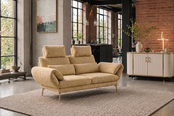 KAWOLA Funktionssofa HOLLY 2-Sitzer 2 Kopfstützen Stoff senf 90 x 92 x 176 cm