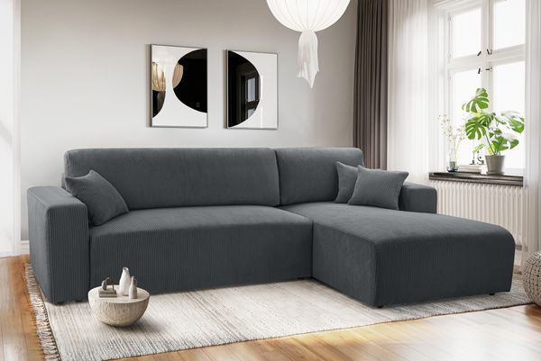 AX LIVING Catea Eckschlafsofa mit Bettkasten R – Graue Eckcouch 279 cm