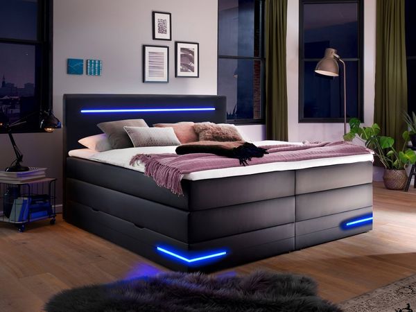 wonello Boxspringbett Daytona, mit LED Beleuchtung und Topper, wahlweise mit Bettkasten