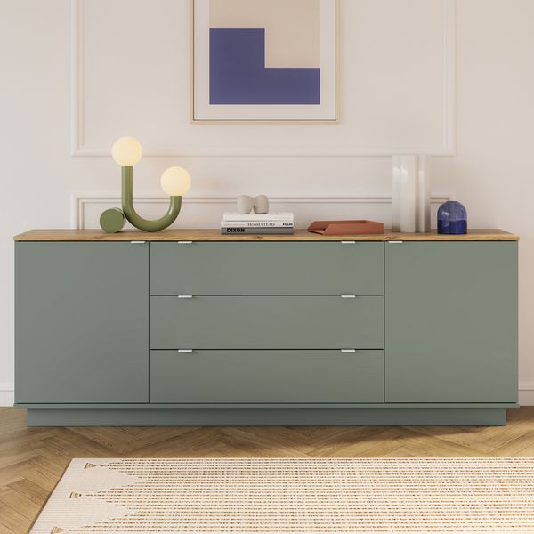 Forte GANYMEDE Sideboard 230, minimalistisches Sideboard, 2-türig, 3 Schubladen, Holzwerkstoff, Wohn-/Schlafzimmer, Salbei, 224,5 cm breit x 85,7 cm hoch x 41,3 cm tief