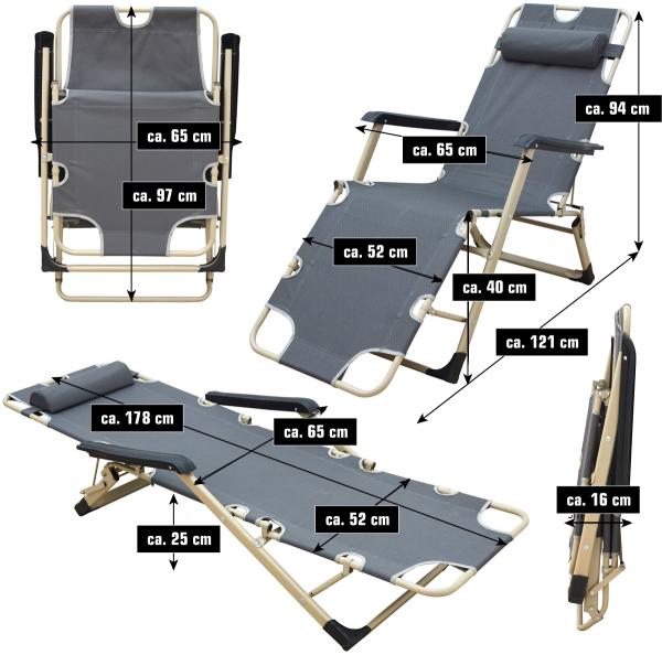 Campingstuhl Liegestuhl Grau mit Auflage 178x65 cm