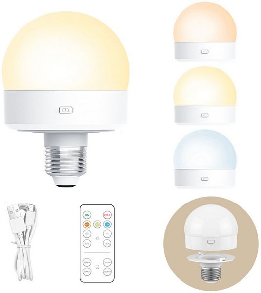 Jibenhome LED Nachtlicht USB Dimmbar LED Glühbirne, Schranklicht E27 Akku Aufladbar Batterie, 3 Farben, Wiederaufladbare mit Fernbedienung & Timing