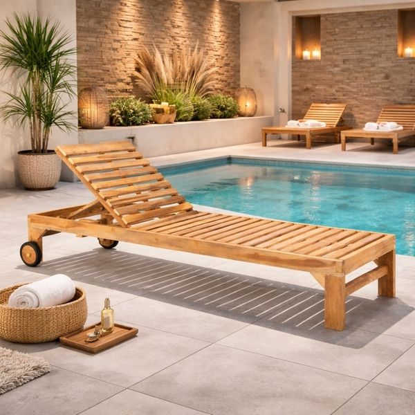 Teak Sonnenliege LUKA 200cm mit Rollen – verstellbar Gartenliege Outdoor