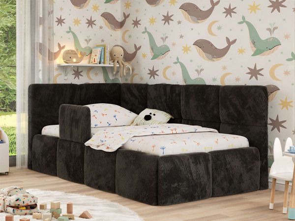 Jugendbett, Kinderbett mit Kopfteil ARVO ALTA 90x200 cm, Polsterbett mit Stauraum, hoher Schlafkomfort - Schwarz Plüsch - Links - VIRE LUX