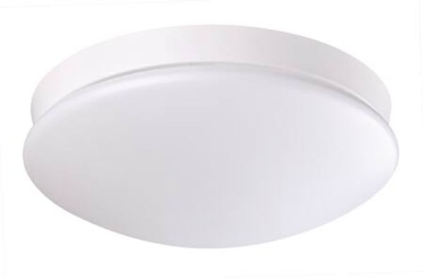 LED-Wand-/Deckenleuchte mit opaler Abschirmung. KL II. IP44. Gehäuse aus Stahl und Schirm aus Polycarbonat. Sensor mit Master-Slave-Funktion. Ø290mm.
