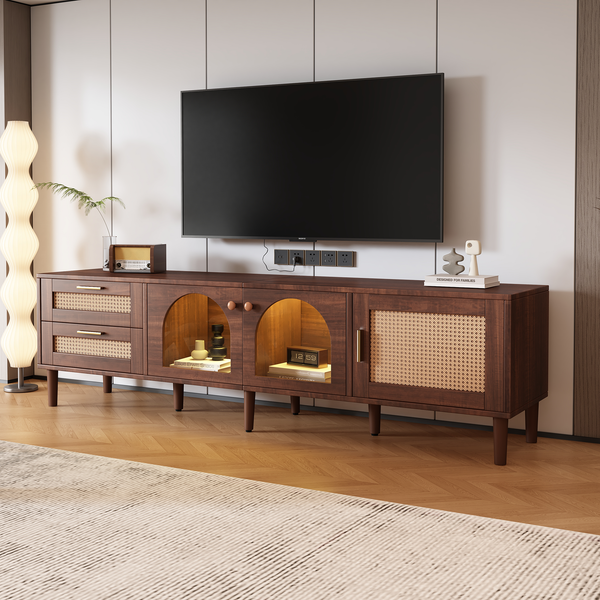 Schrank 180 cm in brauner Holzoptik mit Rattan-Schubladen und Bogen-Glastüren, mit 16-Farben-LED-Beleuchtung