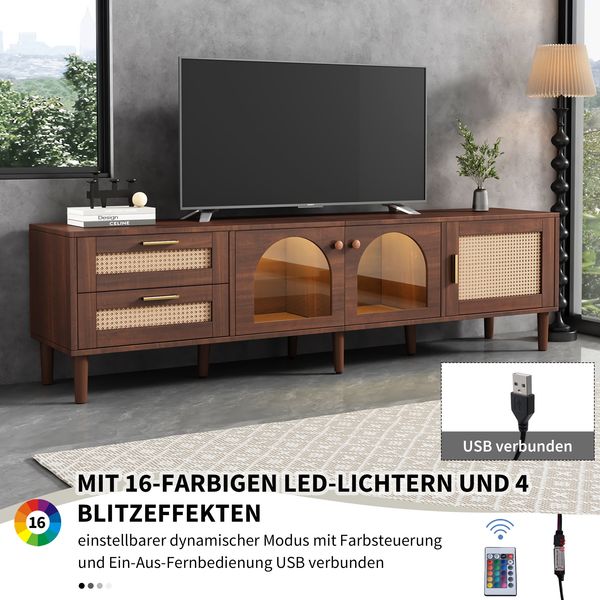 Schrank 180 cm in brauner Holzoptik mit Rattan-Schubladen und Bogen-Glastüren, mit 16-Farben-LED-Beleuchtung Bild 7