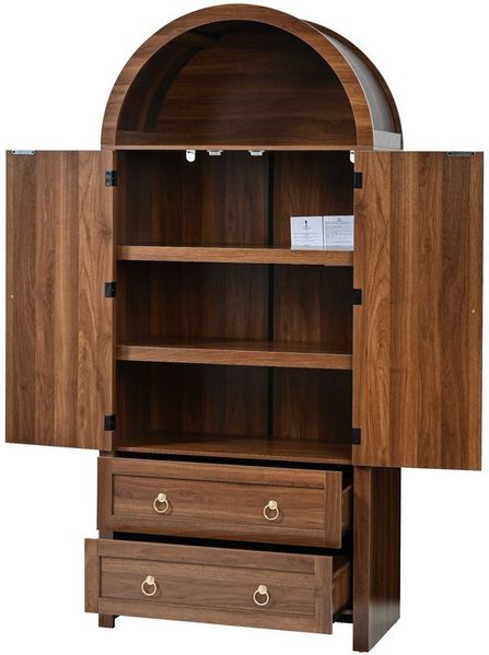 BlingBin Hochschrank Mehrzweckschrank Highboard Sideboard (Aufbewahrungsschrank mit Bogenform, 1-St, mit Rattantüren, offenen Regalen, 2 Schubladen, seitlichen Haken) 80x40x180 cm, Retro Vintage Schrank für Wohn- und Schlafzimmer