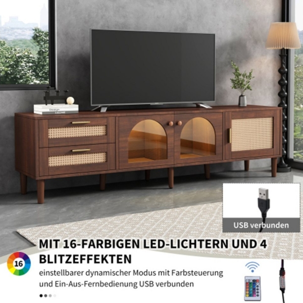 XDeer TV-Schrank TV-Schrank für 80-Zoll-Fernseher – mit 2 Rattan-Schubladen, LED-Beleuchtung,stilvolle Aufbewahrung, TV-Board 180 cm Bild 3