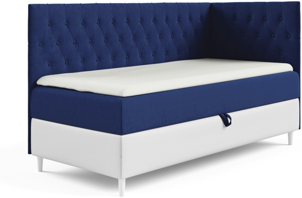 MEBLINI Kinderbett mit Bettkasten FILIPPO 3 100x200 Rechts – H3/Blau Samt Gepolstert Einzelbett mit Matratze - Polsterbett mit Stauraum - Bett mit Kopfteil – Stauraumbett