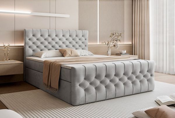 Goldstoff Boxspringbett TAURIEL mit Federkernmatratze & Topper, zwei Bettkästen (von 120 bis 200x200 cm), modernes Doppelbett aus Velvet Stoff mit edlem Kopfteil
