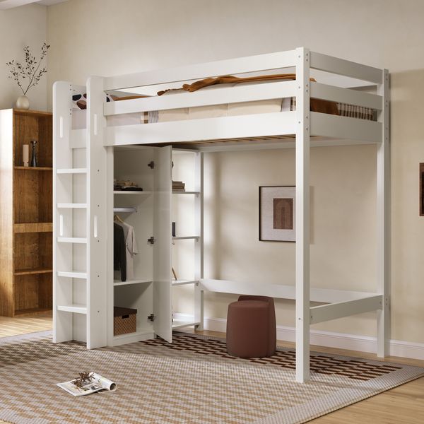 Kindereinzelbett 90×200 cm aus Spanplatte und Massivholz mit Kleiderschrank, weiß