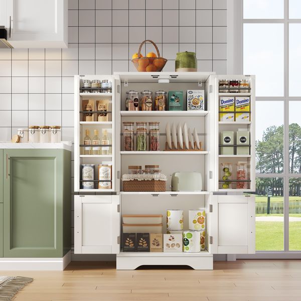 Hochschrank LED-Beleuchtung MDF Küchen- Schrank Stauraum Aufbewahrung minimalistisch Wohnzimmer,Weiß
