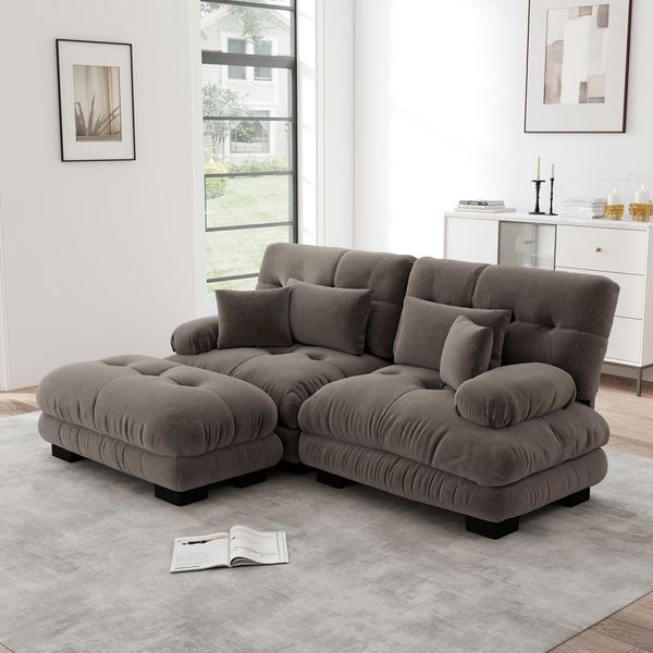 Ecksofa aus Chenille 145x220x81 cm mit Ottoman, braun