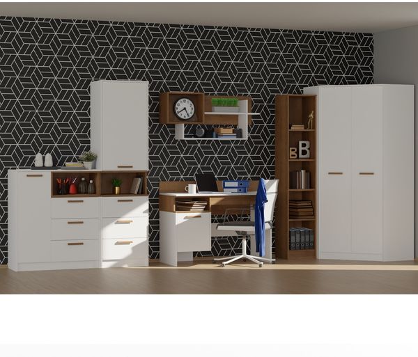 Marmex Möbel Grant Set-08B Jugendzimmer Komplett-Set 6-teilig mit Kleiderschrank, Kommode, Schreibtisch, geschlossenes Regal, Wandregal, offenes Regal, Kinderzimmermöbel mit Schreibtisch, laminierte Spanplatte, Kleiderstange, weiß+riviera Eiche, 377x19...