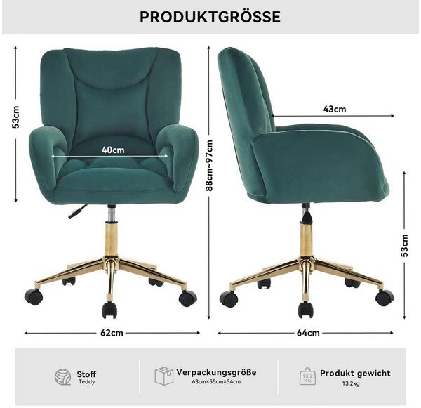 Celya Stuhl Höhenverstellbarer Drehstuhl,Relaxsessel,mit goldene Metallbeine (360°drehbar Velvet Drehstuhl), für Home-Office, Büro & Schlafzimmer,schnelle Montage,Grün