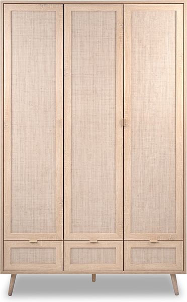 Calicosy 'BALI' Schrank mit Türen, Schubladen und Kleiderstangen L120cm - Rattan-Druck - Helles Holz