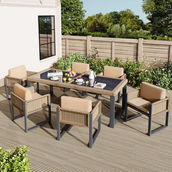 Celya Gartenlounge-Set Gartenlounges Alu, Rattan mit Esstisch 6 personen, (6-Personen-Garten-Essgruppe mit Sesseln, abnehmbare und waschbare Stoffbezüge), Polyrattan-Esstisch- und Stuhlset
