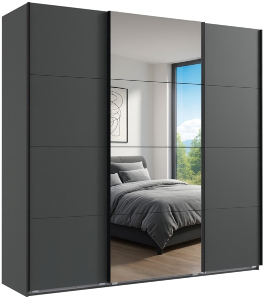 Schwebetürenschrank Kleiderschrank B225 cm extra H236 cm 3-türig Grafit, 1x Spiegeltür