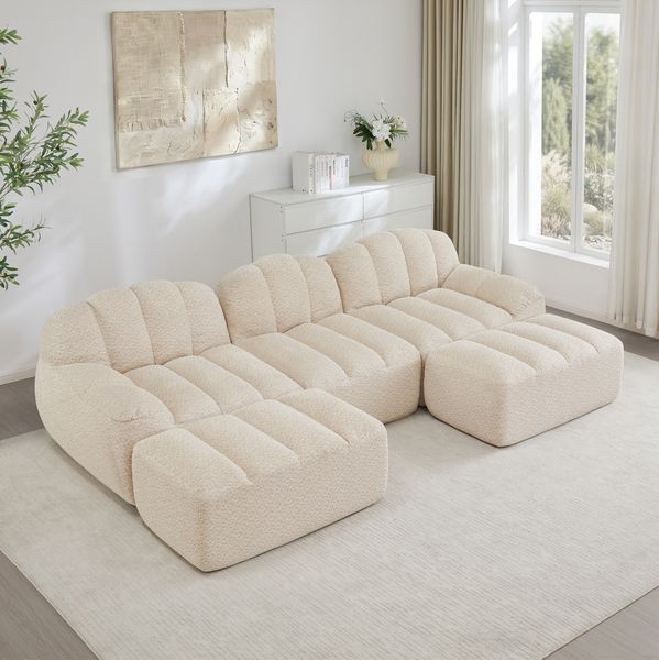 Modulares Sofa 79cm×288cm×165cm 3-Sitzer mit 2 Ottomans – U-Form oder L-Form, aus granuliertem Fleece in Beige White