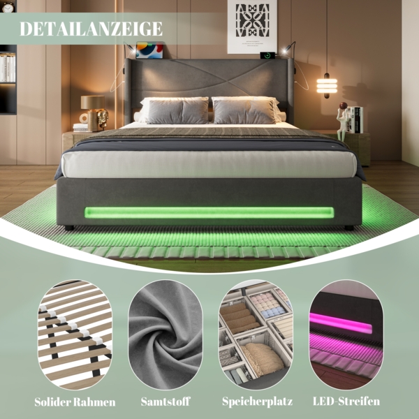 LVHOM Boxbett 160x200cm, Bettgestell mit integrierter Beleuchtung & Stauraum, USB/Typ-C-Ports, XXL-Hydraulik-Storage, platzsparend & Smart-Home-Anschlüssen Bild 10