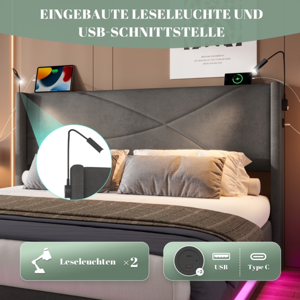 LVHOM Boxbett 160x200cm, Bettgestell mit integrierter Beleuchtung & Stauraum, USB/Typ-C-Ports, XXL-Hydraulik-Storage, platzsparend & Smart-Home-Anschlüssen Bild 8