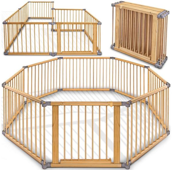 KIDUKU® 7,2 Meter Laufgitter grau XXL klappbar inkl. Tür, bestehend aus 8 Elementen, individuell formbar Laufstall Absperrgitter