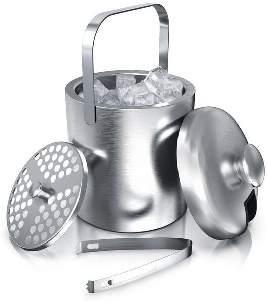 Arendo Eiseimer Edelstahl Eiswürfelbehälter mit Deckel, 1,3L, Eiseimer doppelwandig, Eiswürfelkühler, Eiskübel, mit Zange, Abtropffilter, Deckel, BPA frei