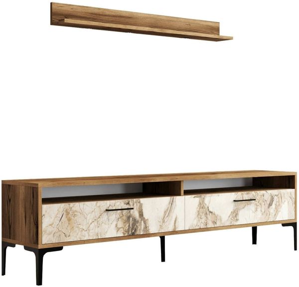 Dmora Wohnzimmermöbel Oho, Modulares Wohnzimmerset, Mehrzweck-Wohnzimmermöbel, Moderner TV-Schrank, 180x35h47 cm, Nussbaum und Weißer Marmor