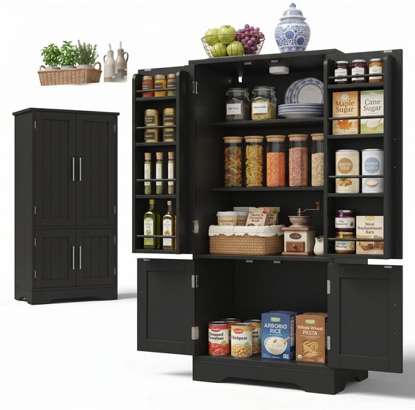 FurnitureR Küchenhochschrank, hoher Küchenschrank 60 x 40 x 120 cm, Schwarz, MDF Vorratsschrank mit 4 Türen, LED-Türlicht, für Vorräte, Geschirr und Haushaltsgeräte, mit Kippschutz zur Wandbefestigung