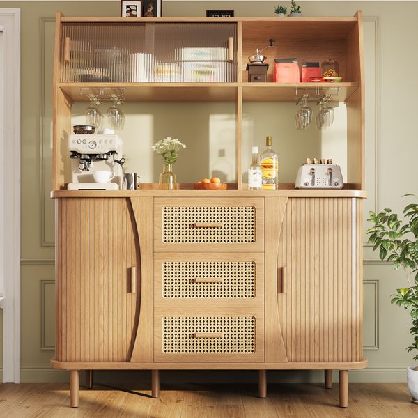 Hochwertiger Buffetschrank mit Rattanoptik & Glasschiebetüren, 174,5cm hoher Küchenschrank mit Stauraum, Naturholz-/Nussbaum-Optik, belastbar bis 60kg