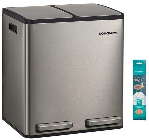 SONGMICS Abfalleimer 2 Fächer, Mülleimer 2 x 15 L, Tretmülleimer Softclose-Deckel, Küche, herausnehmbare Inneneimer, silbern