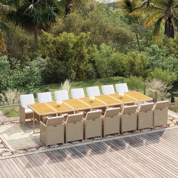 vidaXL 15-tlg. Garten-Essgruppe mit Kissen Beige Poly Rattan 3095662