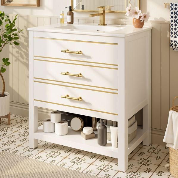 Waschtisch 76 cm mit Keramikbecken – Badunterschrank in Weiß/Gold mit 2 Schubladen und offenem Fach