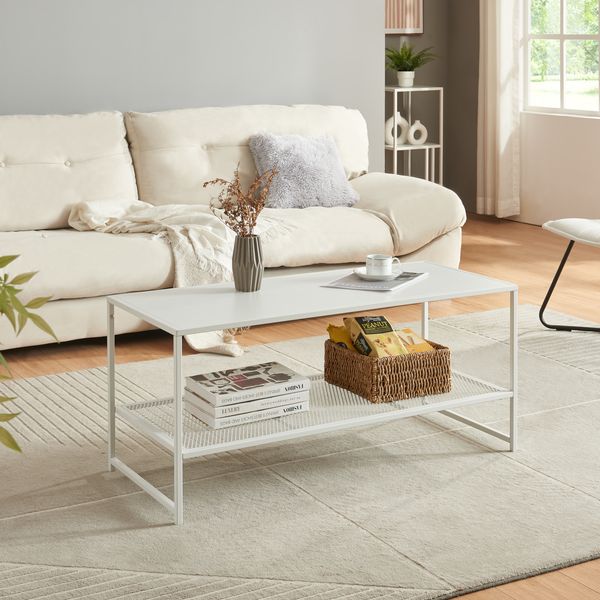 Couchtisch Ruokolahti mit Gitterablage 102x43x46cm Weiß [en. casa]